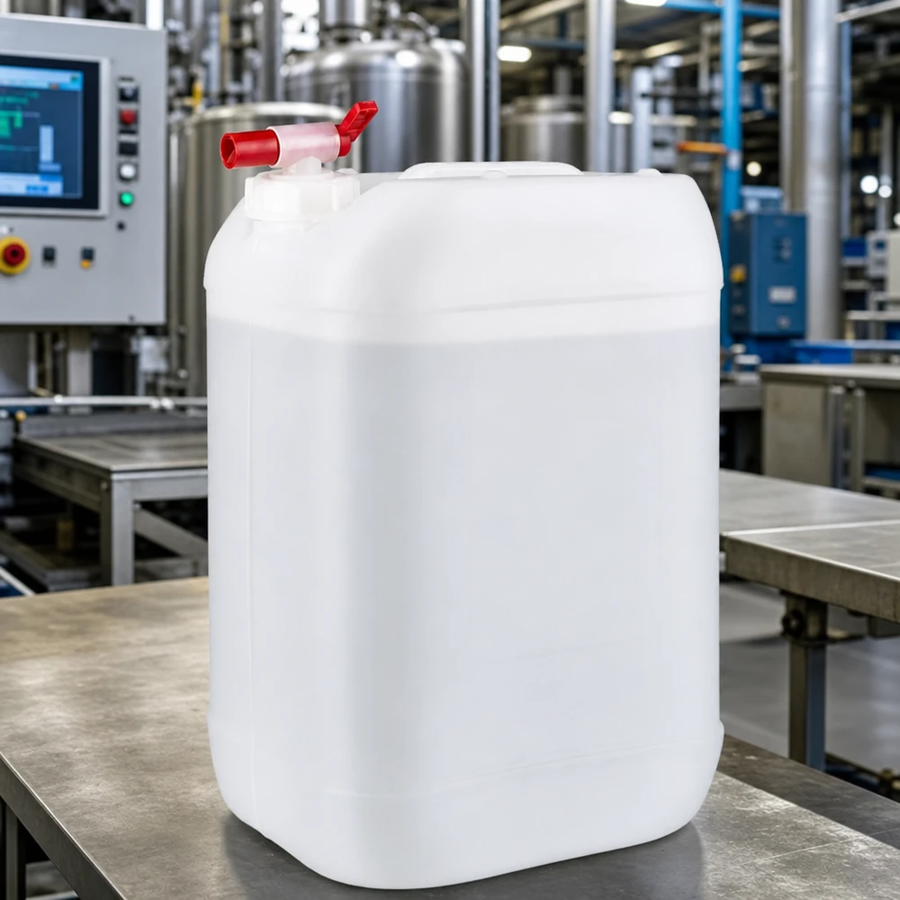 Dunk 25 liter med avtappningskran Rektangulär 25-litersdunk med tappkran i en industriell produktionsanläggning