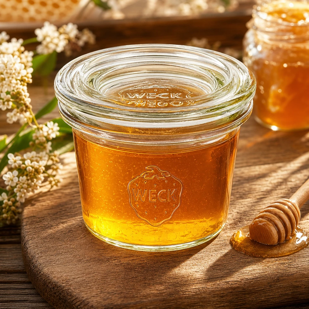 35ml Krossade glasögon med glaslock WECK RR40 WECK glasburk 35ml RR40 fylld med honung mellan blommor på träskiva visar naturlig användning