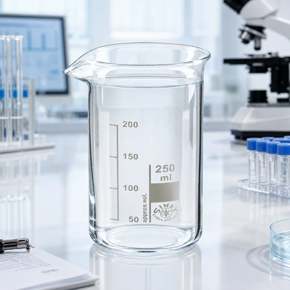 Genomskinligt laboratoriebägareglas, 250 ml, hög form, SIMAX borosilikatglas med vit gradering