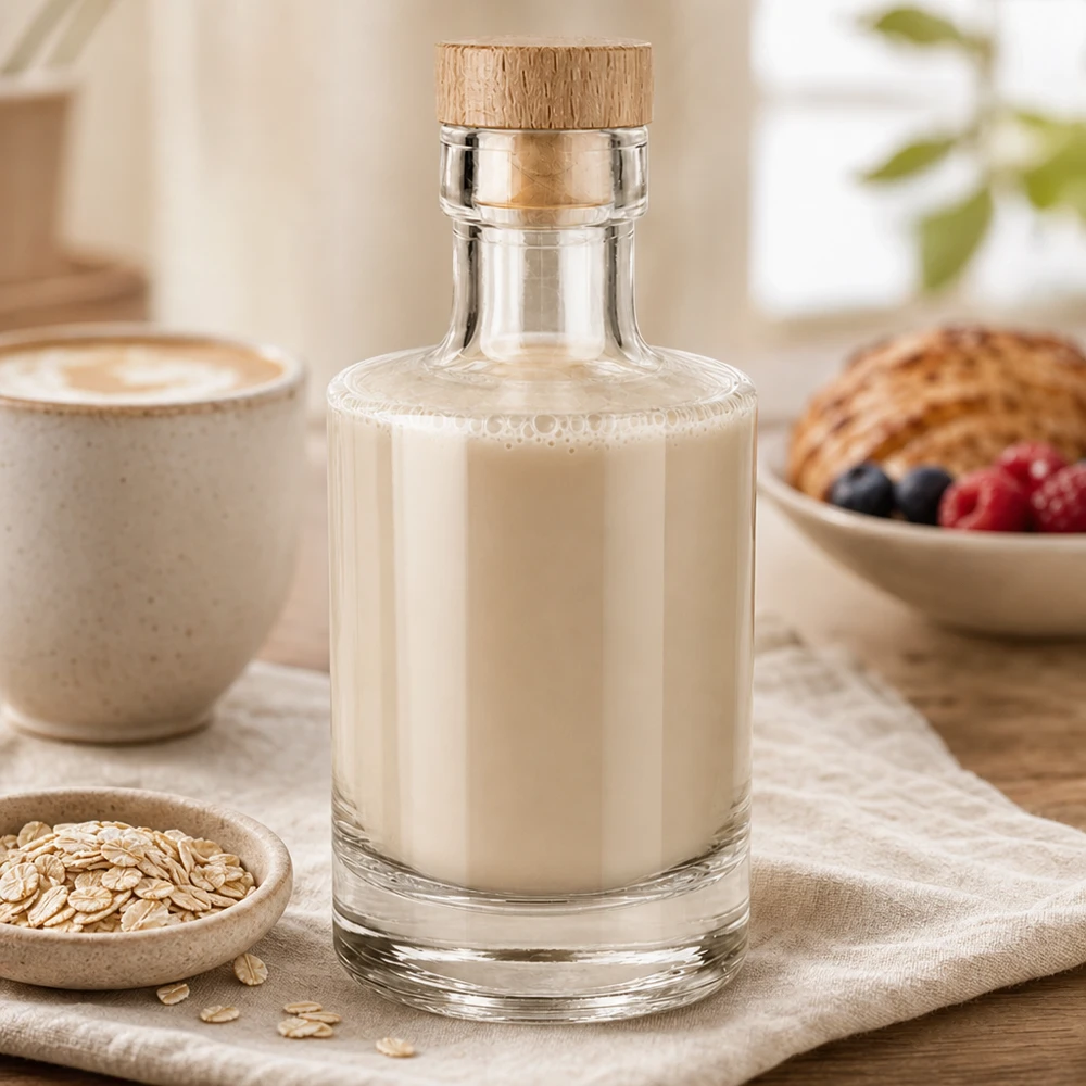 200 ml glasflaska Marie med kork med trähandtag UNiTWIST® 200ml Glasflasche Marie mit cremiger Hafermilch befüllt, Holzkorken, gemütliches Frühstücks-Ambiente mit Haferflocken un