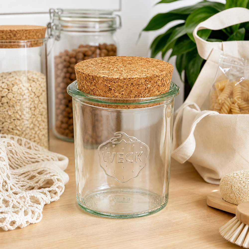 160ml Krossade glasögon WECK RR60 med naturkork WECK förvaringsburk 160ml RR60 med korklock i hållbart zero-waste kök mellan förvaringsburkar och naturtextilier