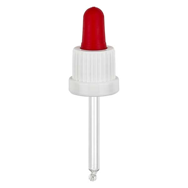 Droppipett i glas vit/röd 18mm PL53.5 med säkerhetsförslutning Droppipett i glas vit/röd 18mm PL53.5 med säkerhetsförslutning