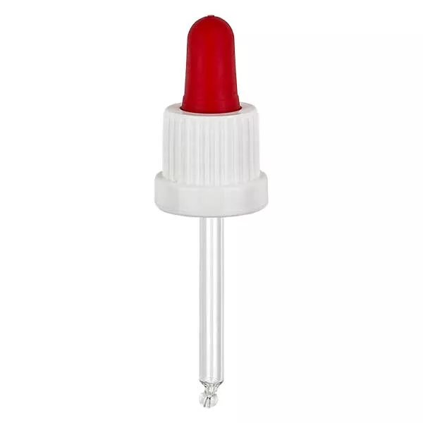Droppipett i glas vit/röd 18mm PL53.5 med säkerhetsförslutning Droppipett i glas vit/röd 18mm PL53.5 med säkerhetsförslutning