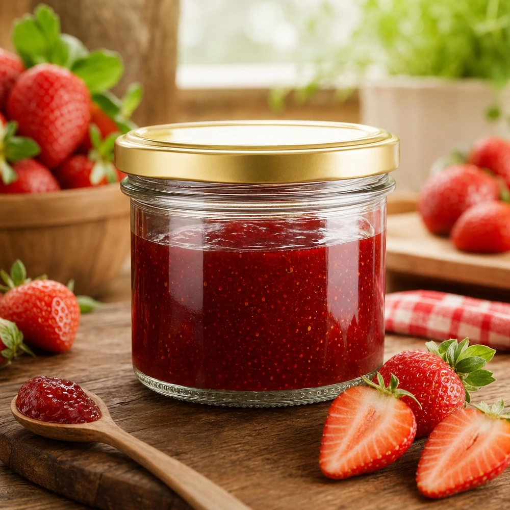 Mugg 125 ml med lock BasicSeal guld UNiTWIST 125ml Sturzglas mit goldenem BasicSeal Deckel gefüllt mit Erdbeermarmelade auf Holzbrett mit frischen Erdbeeren