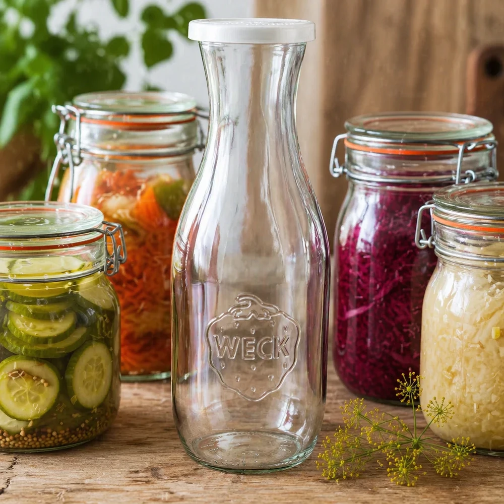 1062 ml juiceflaska med friskhetslock WECK RR60 WECK Saftflasche 1062ml mit Frischedeckel als stilvolle Dekoration zwischen bunten Einmachgläsern mit eingelegtem Gemüse
