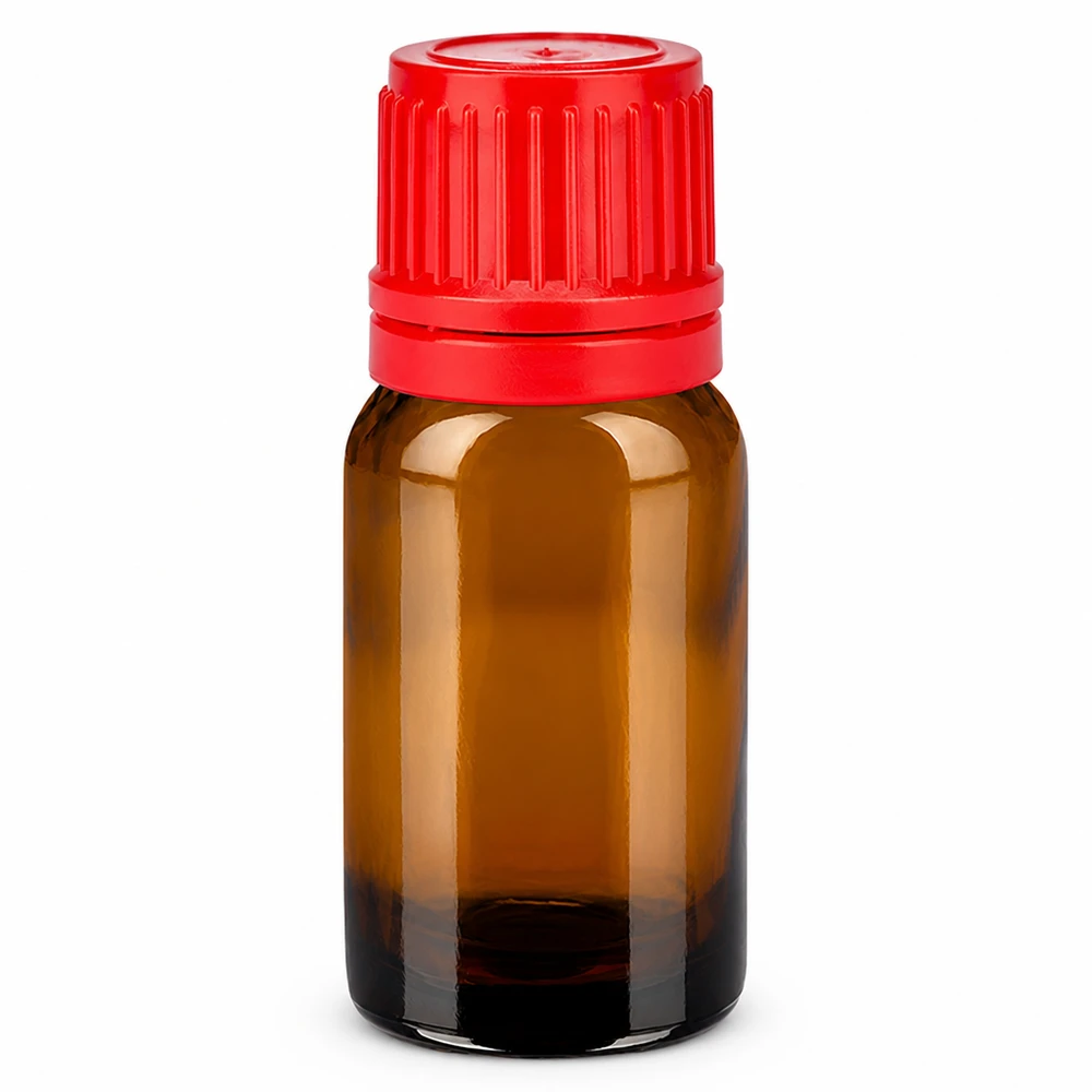 10 ml bärnstensfärgad glasflaska med rött skruvlock för eteriska oljor och läkemedel