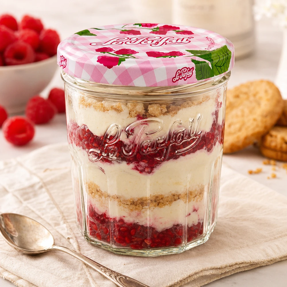 Le Parfait® Jam 324 ml Ø82 mm syltburk 324 ml Le Parfait-glas med hallon- och mascarponedessert och dekorativt skruvlock bredvid sked och kex