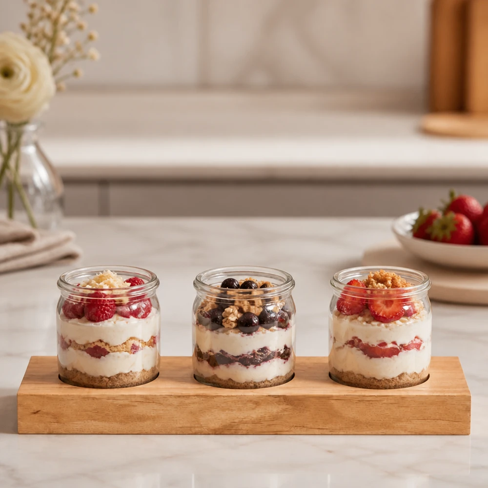 Serveringsbricka Plano3 för 3 WECK-burkar Plano3 serveringsbräda med tre WECK-burkar fyllda med yoghurtdesserter och bär på en köksbänk i marmor
