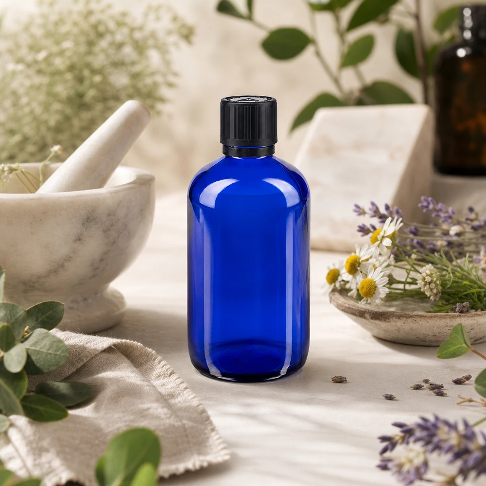 Blå medicinflaska på 100 ml med droppkork, omgiven av lavendelblommor och kamomillblommor