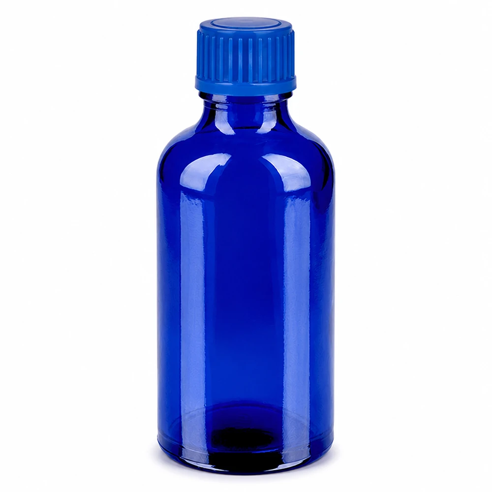 50 ml blå glasflaska med skruvlock för aromaterapi och eteriska oljor