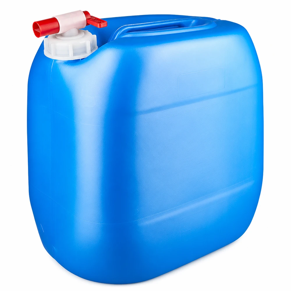 Dunk 30 liter blå med avtappningskran Blå plastdunk på 30 liter med röd utloppskran och vitt skruvlock