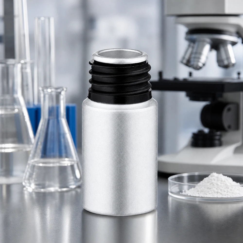 10 ml flaska i färgat aluminium Kompakt 10 ml flaska i betad aluminium, idealisk för laboratorieprover och kemiska ämnen