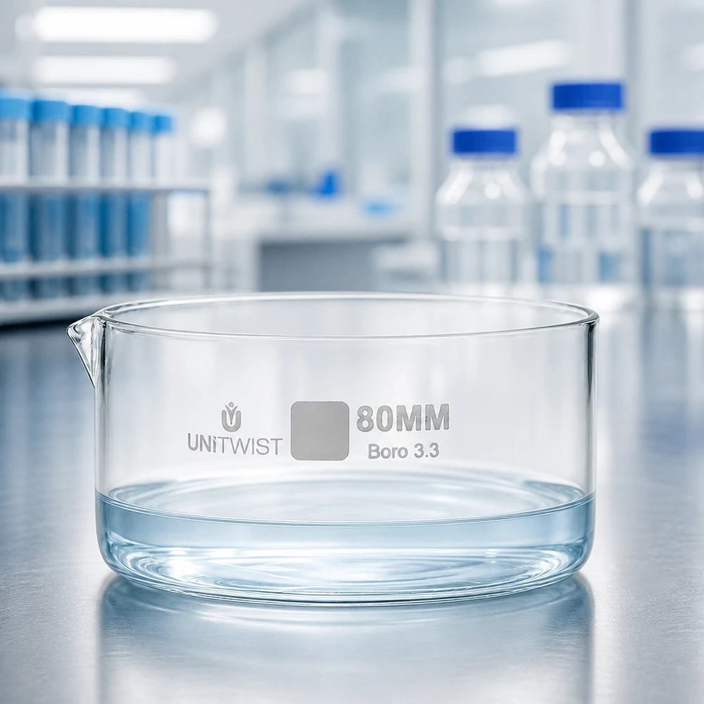 Kristallisationskärl ø80 mm, borosilikatglas UNiTWIST Kristalliseringsskål 80 mm, borosilikatglas 3.3 UNiTWIST med vatten på en yta av rostfritt stål i laboratoriet
