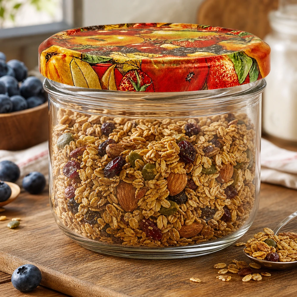 260ml Krossade glasögon + BasicSeal lock fruktdekor UNiTWIST 260 ml konserveringsburk med fruktlock fylld med müsli och nötter som förvaringsbehållare i köket