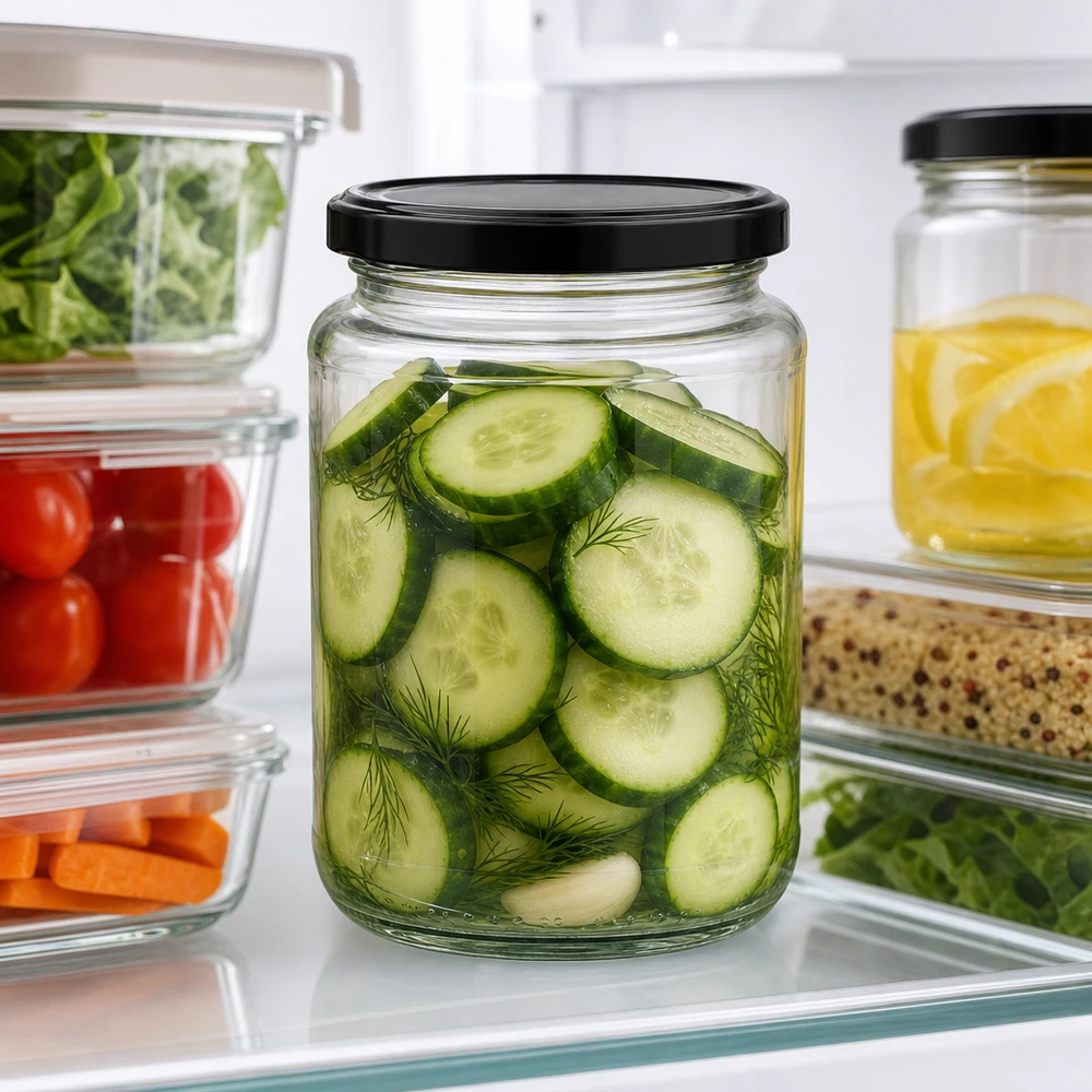Rund glasburk 382 ml med lock BasicSeal svart UNiTWIST 382 ml BasicSeal svart rund burk med inlagda gurkskivor Dill i kylskåpet bredvid förvaringsbehållare