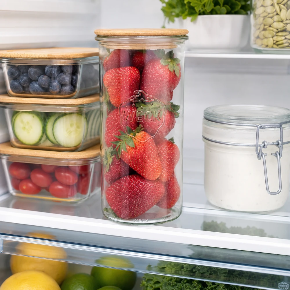 1500ml WECK RR100 Krossade glasögon med trälock WECK Sturzglas 1500ml RR100 mit Holzdeckel im Kühlschrank gefüllt mit frischen Erdbeeren für Frischhaltung