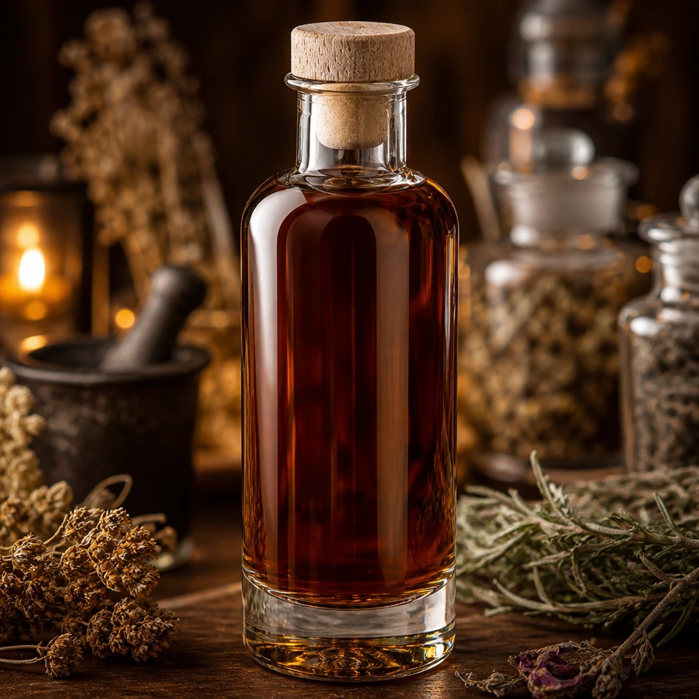200 ml glasflaska Ella med kork med trähandtag UNiTWIST® 200ml Glasflasche Ella mit Holzkorken gefüllt mit braunem Elixier in rustikaler Alchemisten-Atmosphäre mit Kräutern