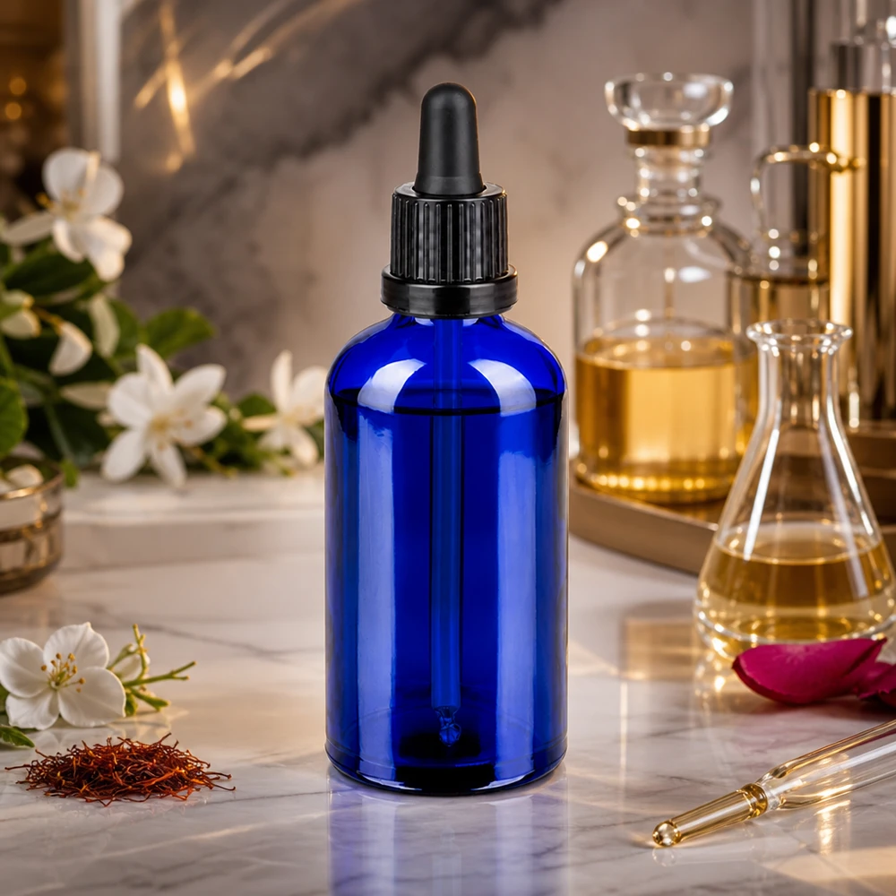 100 ml pipettflaska svart med säkerhetsförslutning BlueLine UT18/100 Elegant blå 100 ml pipettflaska av robust glas med ergonomisk svart dropplock
