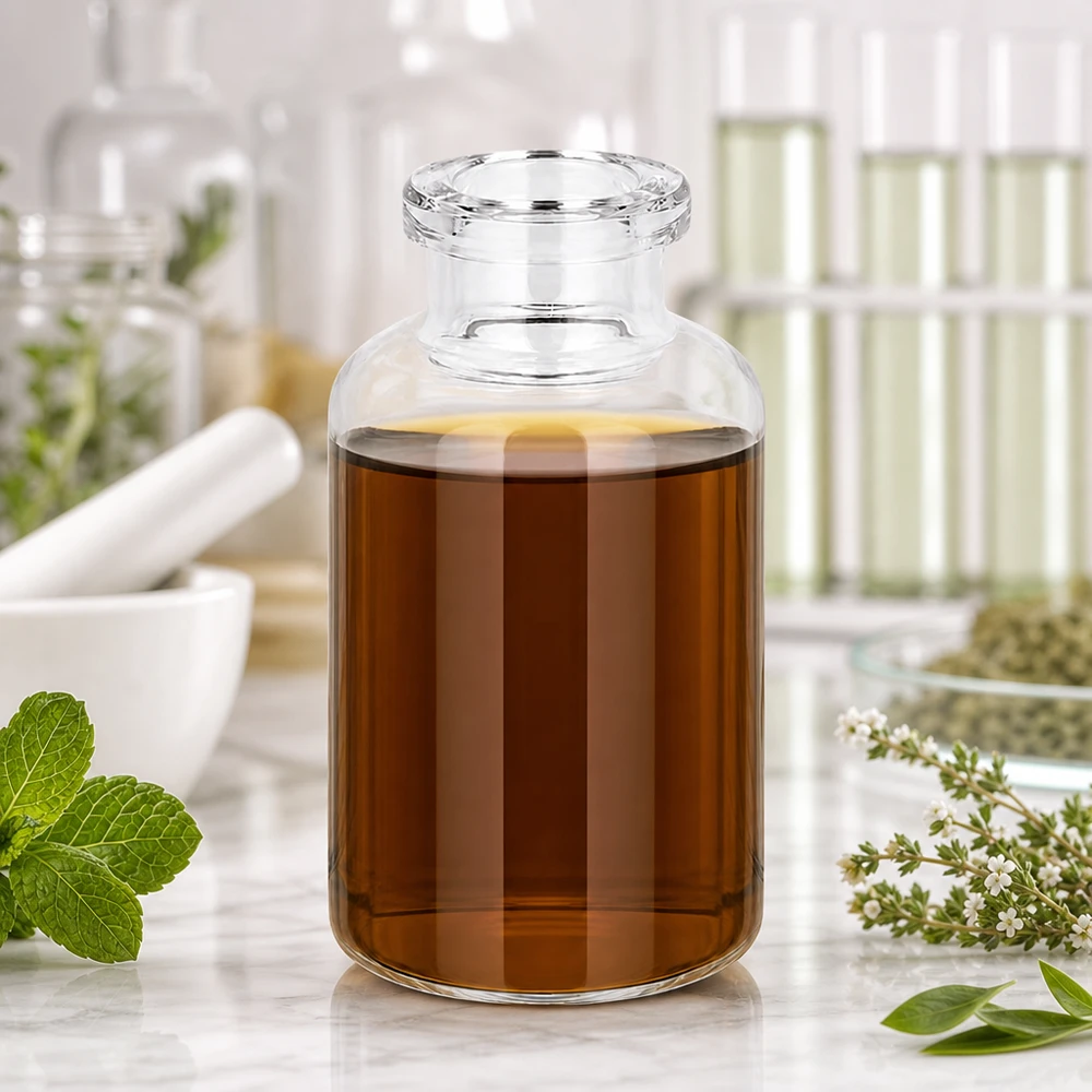 Injektionsflaska klart glas 20ml Injektionsflasche 20ml Klarglas mit dunkelbraunem Pflanzenextrakt und Minze Thymian Dekoration