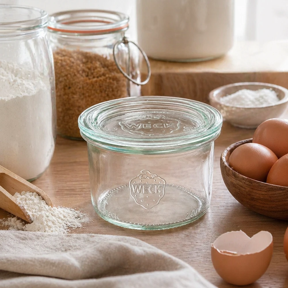 WECK 200ml RR80 murarburk med glaslock i ett rustikt kök mellan bakingredienser, mjöl, ägg och förvaringsburkar