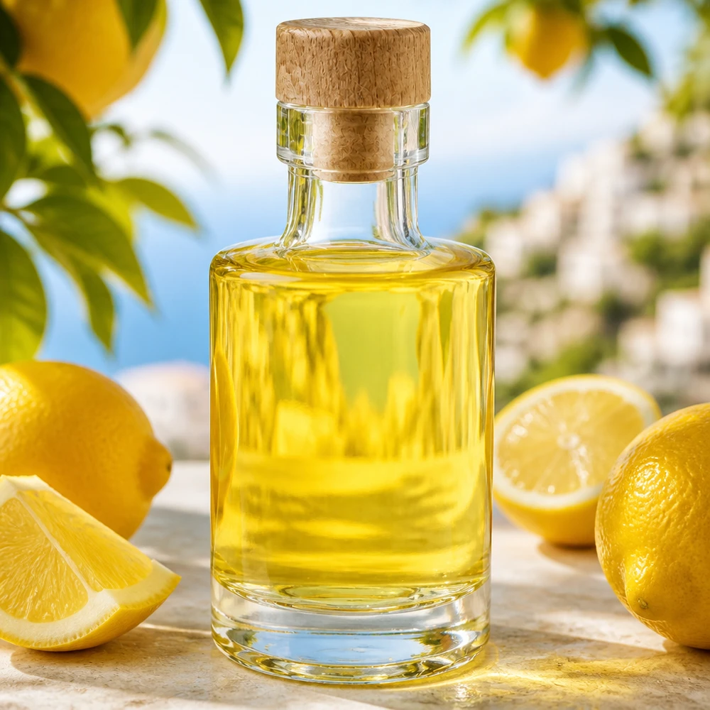 100 ml glasflaska Marie med kork med trähandtag UNiTWIST® 100 ml glasflaska Marie med träkork fylld med gul olja omgiven av citroner i en medelhavsatmosfär