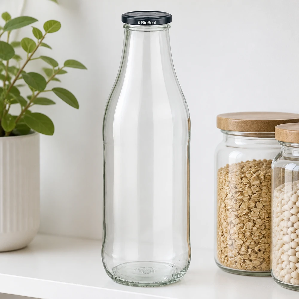 1000ml glasflaska BioSeal lock svart kökshylla havregryn vita bönor förvaringsburkar trälock växt