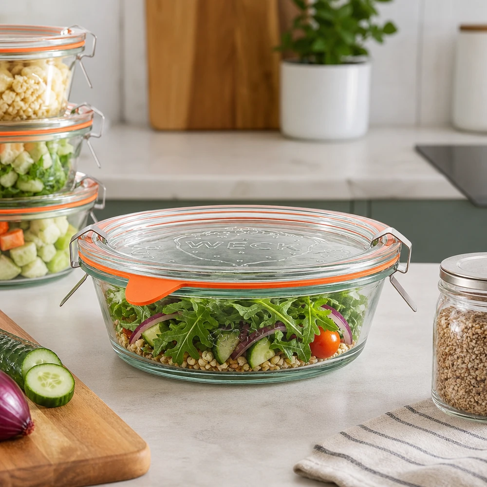 WECK gourmetburk 300ml RR120 fylld med färsk sallad på köksbänken, glasbehållare för måltidsförberedelser