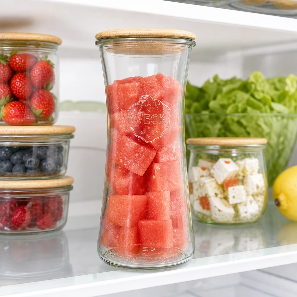 700 ml delikatessburk WECK RR80 med trälock WECK förvaringsburk 700ml RR80 fylld med vattenmelon i kylen mellan färska bär och sallad