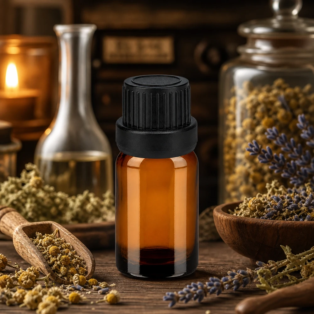 Högkvalitativ bärnstensfärgad glasflaska 5ml med UV-skydd och svart skruvlock för naturkosmetika