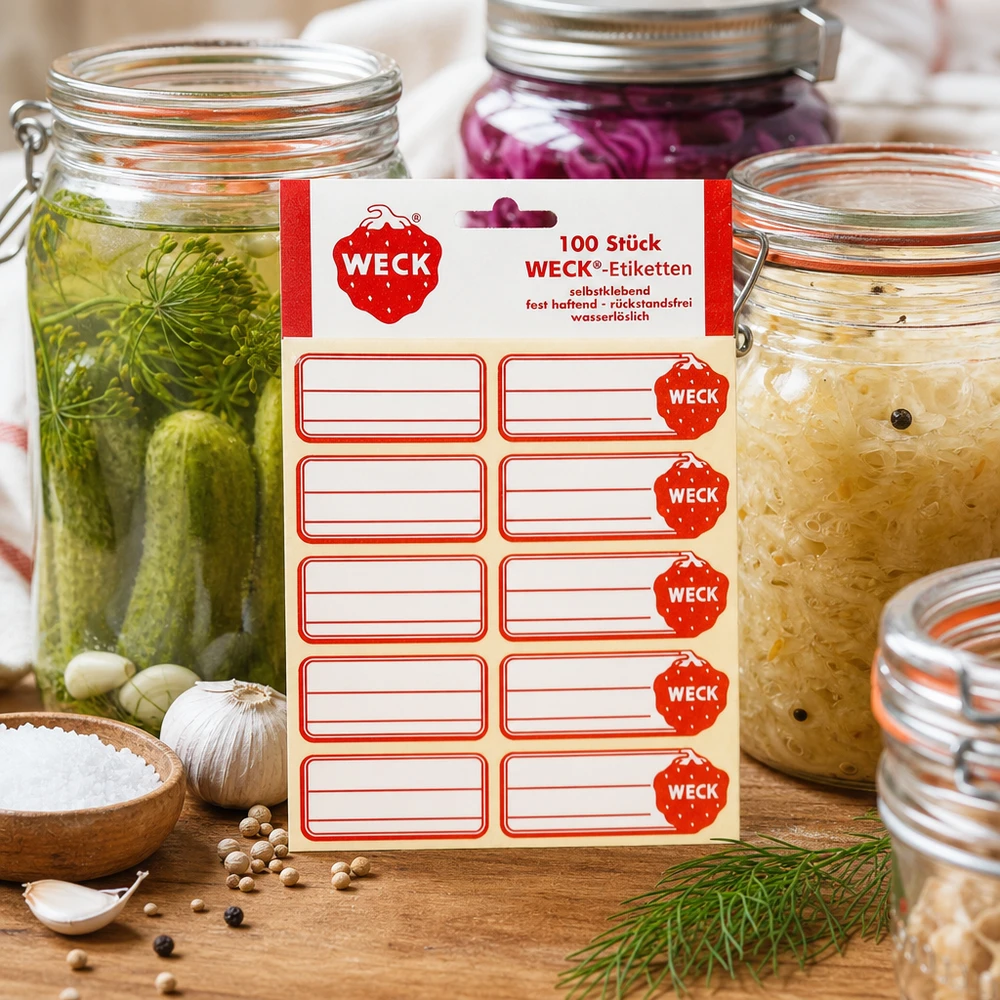 WECK-etiketter 100 stycken förpackning mellan inlagda gurkor surkålskonserver med dill vitlök kryddor kök