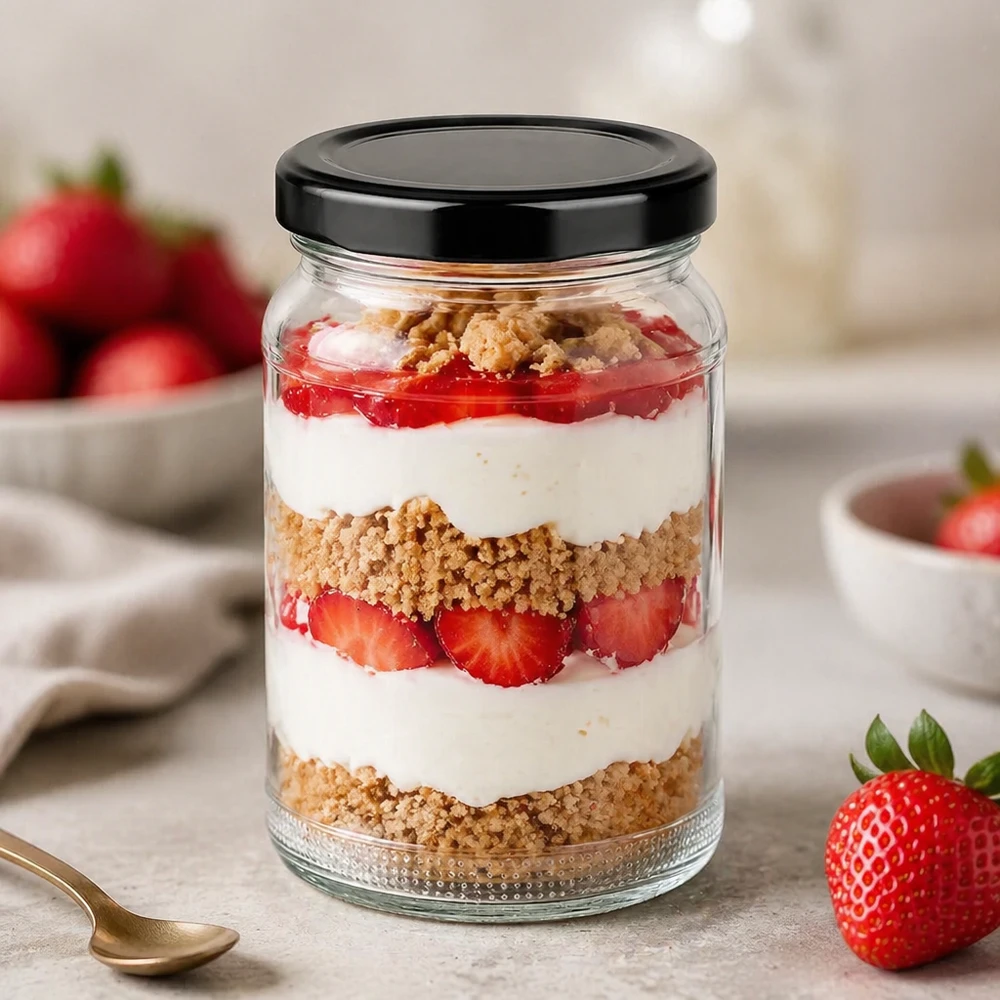 UNiTWIST 110 ml dessertburk i runt glas med jordgubbs- och gräddlagerdessert och svart TO48 BasicSeal-lock