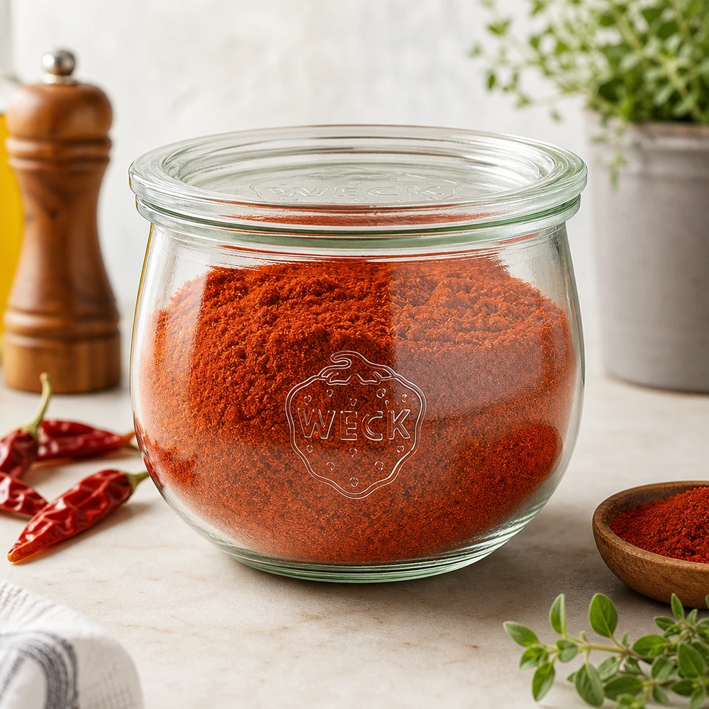 580ml tulpanburk med glaslock WECK RR100 WECK Tulpenglas 580ml RR100 mit rotem Paprikapulver gefüllt als stilvolle Gewürz-Aufbewahrung in der Küche