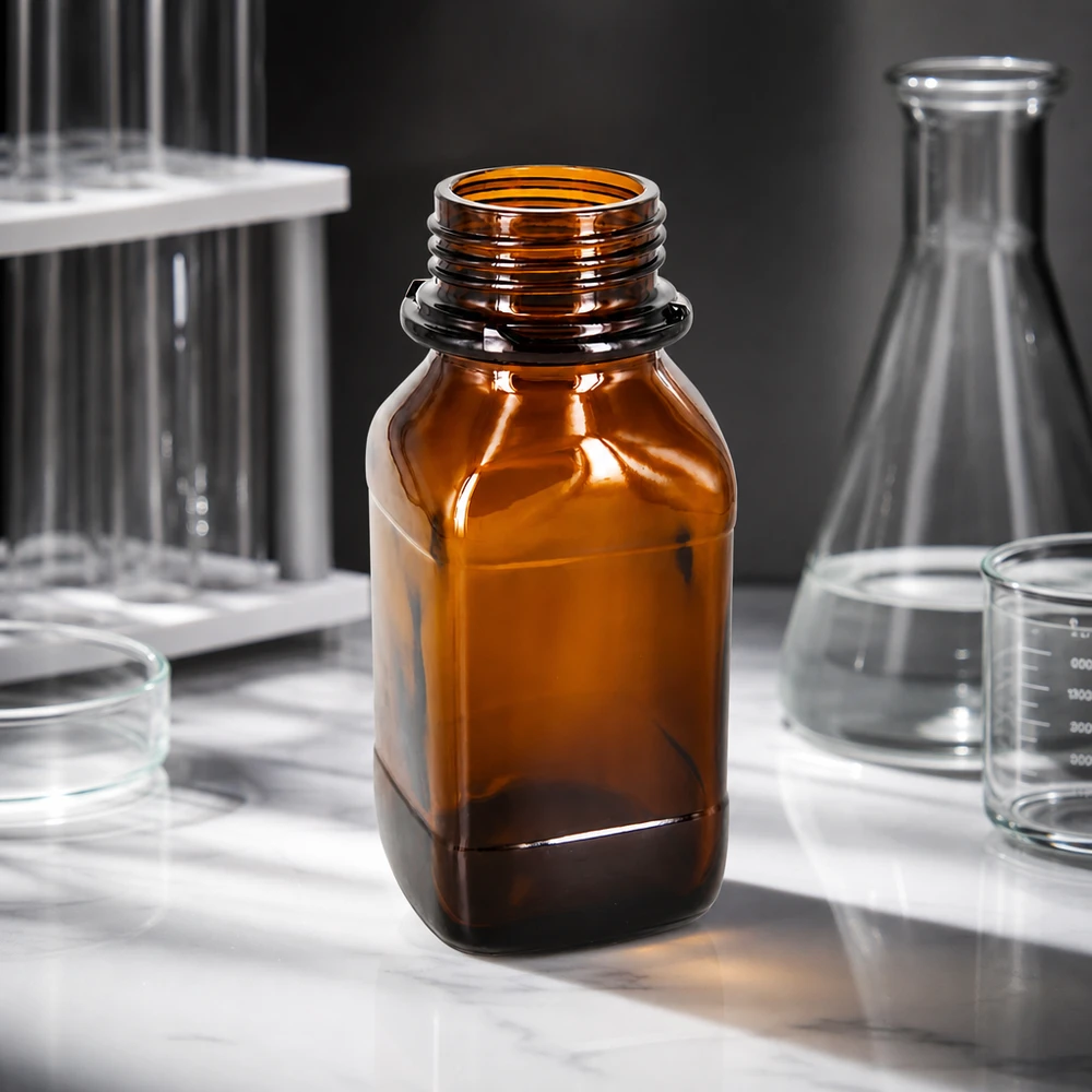 250 ml flaska med vid hals tillverkad av laboratorieglas för exakt dosering och dispensering av kemikalier