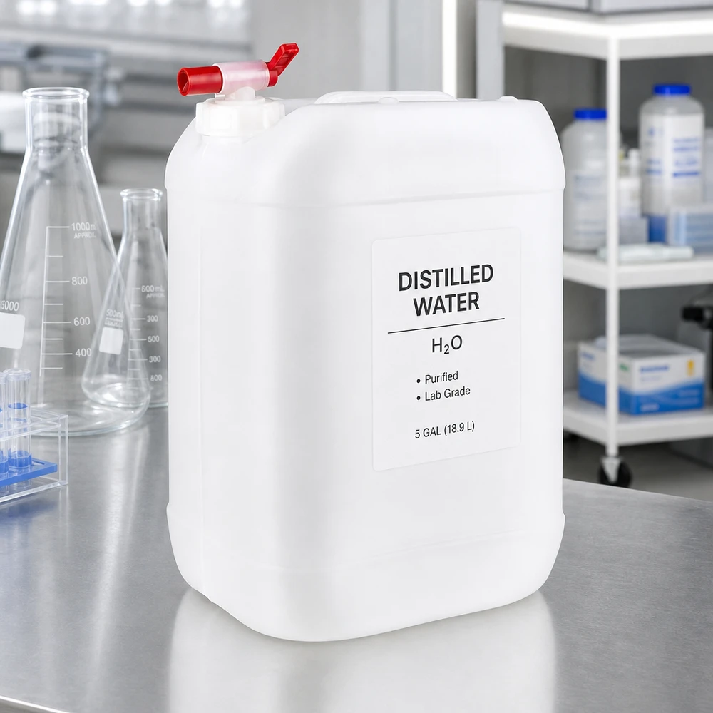 Dunk 25 liter med avtappningskran 25-litersdunk med destillerat vatten och tappkran på ett laboratoriebord av rostfritt stål