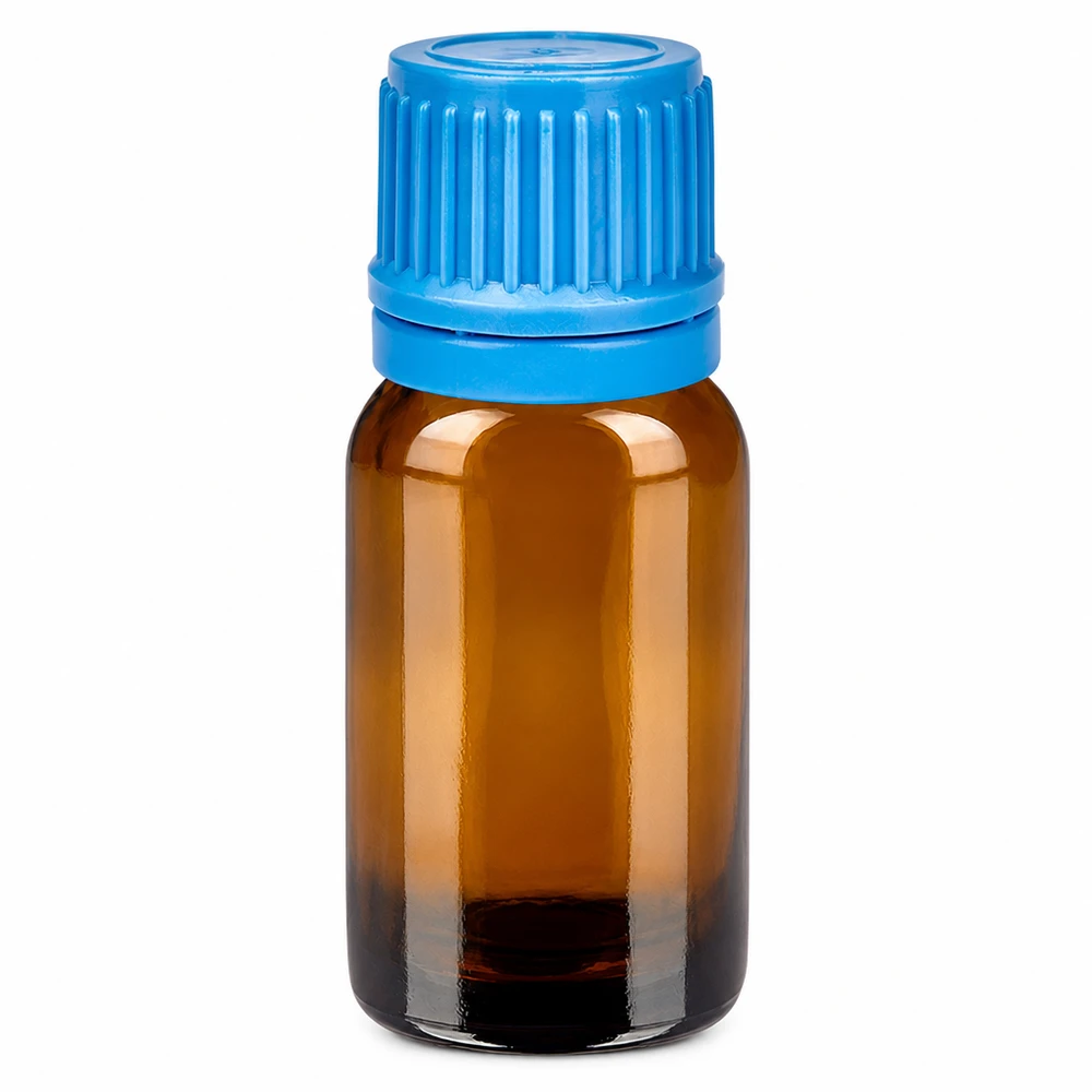 10 ml brun glasflaska med blått skruvlock för eteriska oljor och kosmetiska produkter