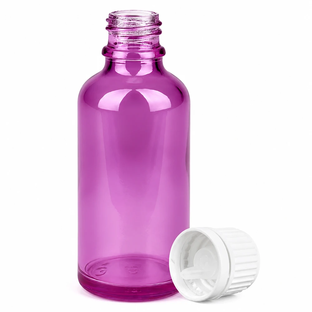 Violett 50 ml glasflaska med 0,7 mm droppspets och vitt skruvlock för eteriska oljor
