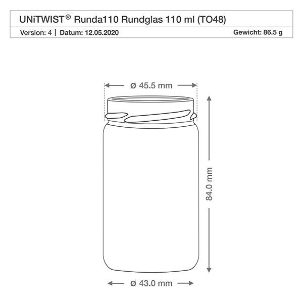 110ml rund glasburk utan lock (TO48) UNiTWIST Teknisk ritning UNiTWIST Runda110 runda glas 110ml TO48 med måtten 45,5mm diameter och 84mm höjd