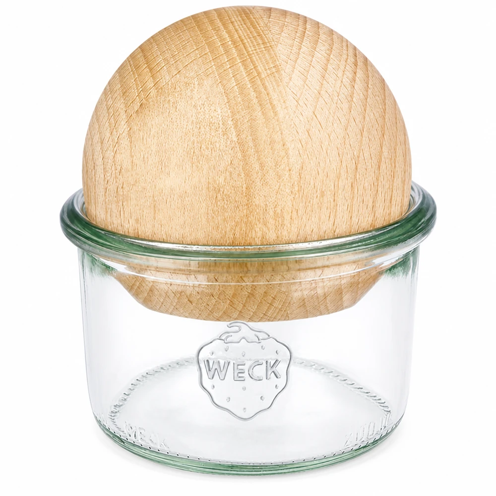 200ml Krossade glasögon WECK RR80 med träkula bok WECK glas 200ml RR80 med träkula boklock, klart glas med WECK-logotyp, hållbar förvaringsburk
