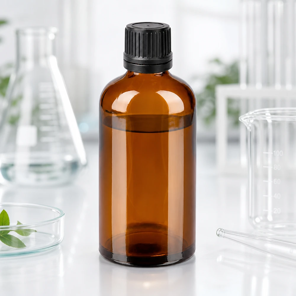 Högkvalitativ 100 ml laboratorieflaska av UV-skyddande bärnstensfärgat glas för säker förvaring av känsliga ämnen