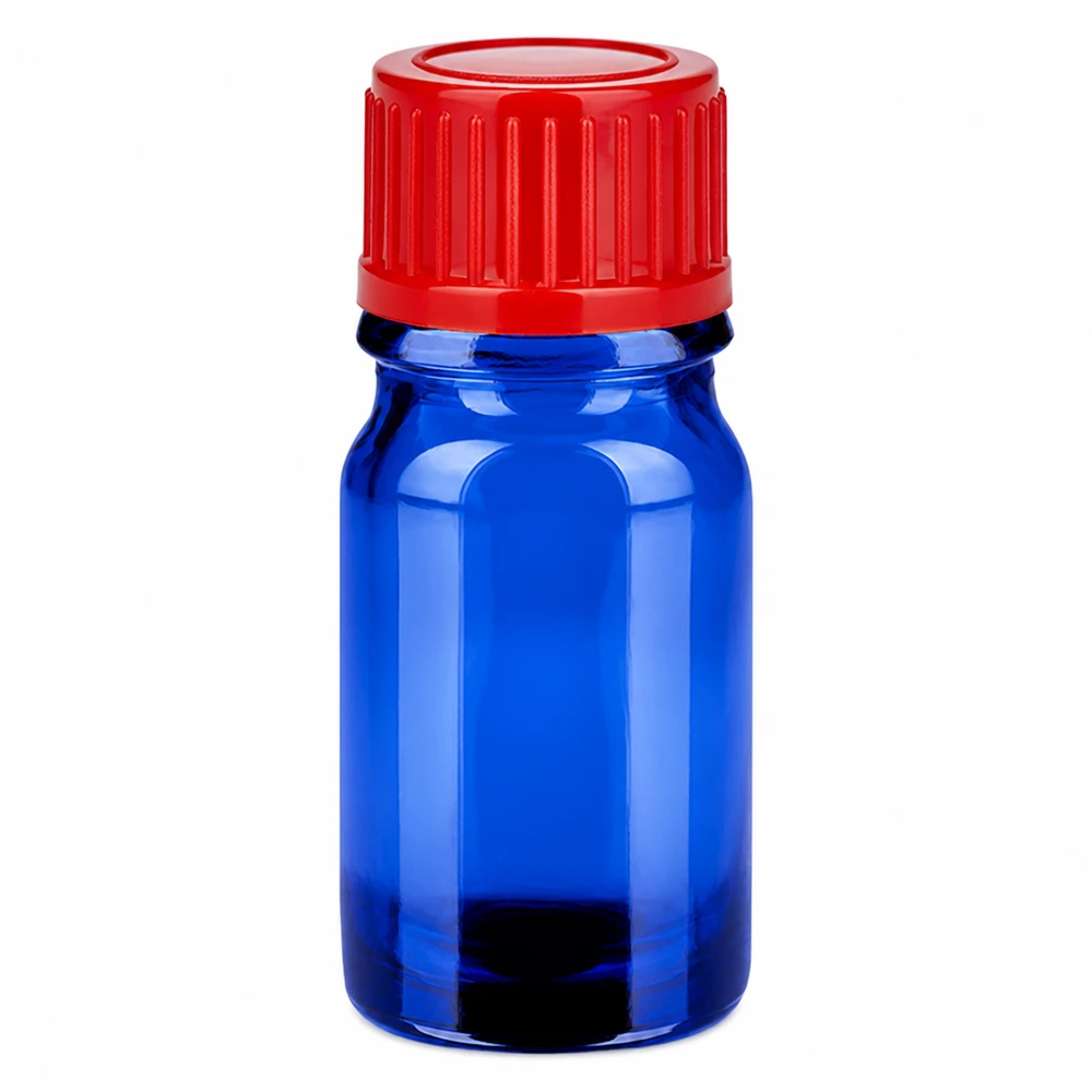 5 ml flaska 11mm skruvkork röd standard BlueLine UT18/5 5ml blå glasflaska med rött skruvlock 11mm SV för laboratorieapplikationer