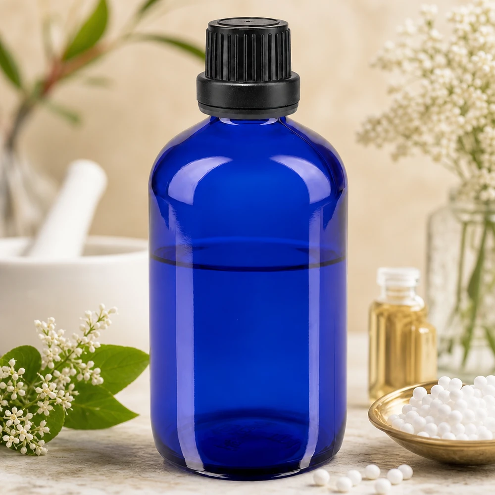 Apoteksflaska blå 100ml skruvkork svart säkerhetsförslutning Blå glasflaska på 100 ml med svart droppkork framför mortel och stöt