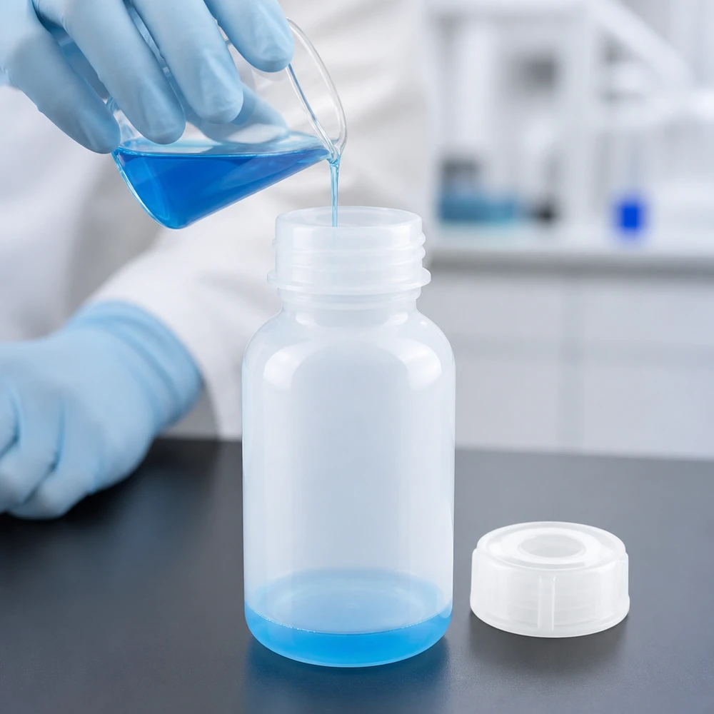 100ml laboratorieflaska med bred hals och skruvkork Laboratorieteknikern häller över den blå vätskan från Erlenmeyerkolven till en 100 ml laboratorieflaska med vid hals