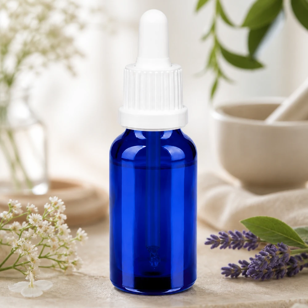 20 ml pipettflaska vit med säkerhetsförslutning BlueLine UT18/20 Högkvalitativ 20 ml glasflaska med droppipett i intensivt blått för säker förvaring