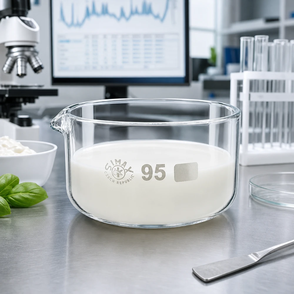 Kristallisationsskål 300 ml med vit substans för laboratoriebruk, borosilikatglas SIMAX, ø95 mm, Tjeckien