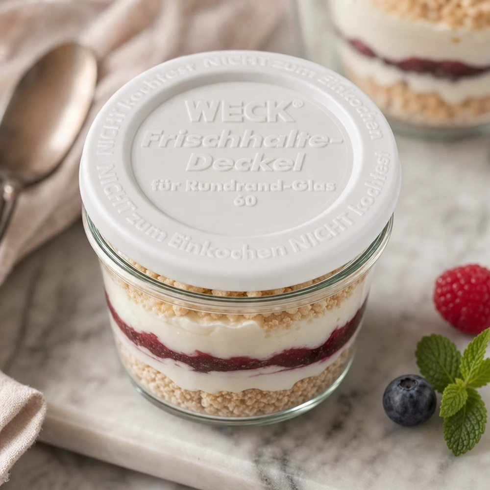 WECK Lock för förvaring av färskvaror RR60 WECK Frischhaltedeckel RR60 Dessertglas Schichtdessert Tiramisu Beeren Mint dekorative Präsentation Küchenstil