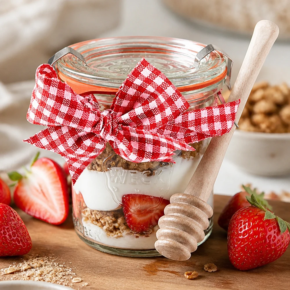 WECK stor burk 140 ml komplett med honungssked och rosett WECK mini murarburk 140ml yoghurt müsli jordgubbar skiktad dessert honung sked trä Vichy rosett röd vit