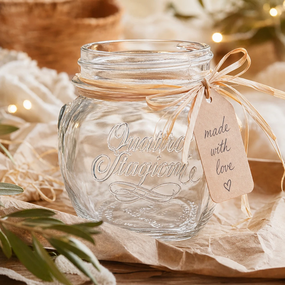 300ml runt glas "Quattro Stagioni" QS70mm 300 ml Quattro Stagioni hushållsburk med lock och rosett som presentförpackning på ett träbord