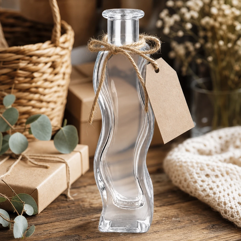 Melissa 100 ml glasflaska med hänge i kraftpapper och jutesnöre dekorerad i en rustik miljö med eukalyptus