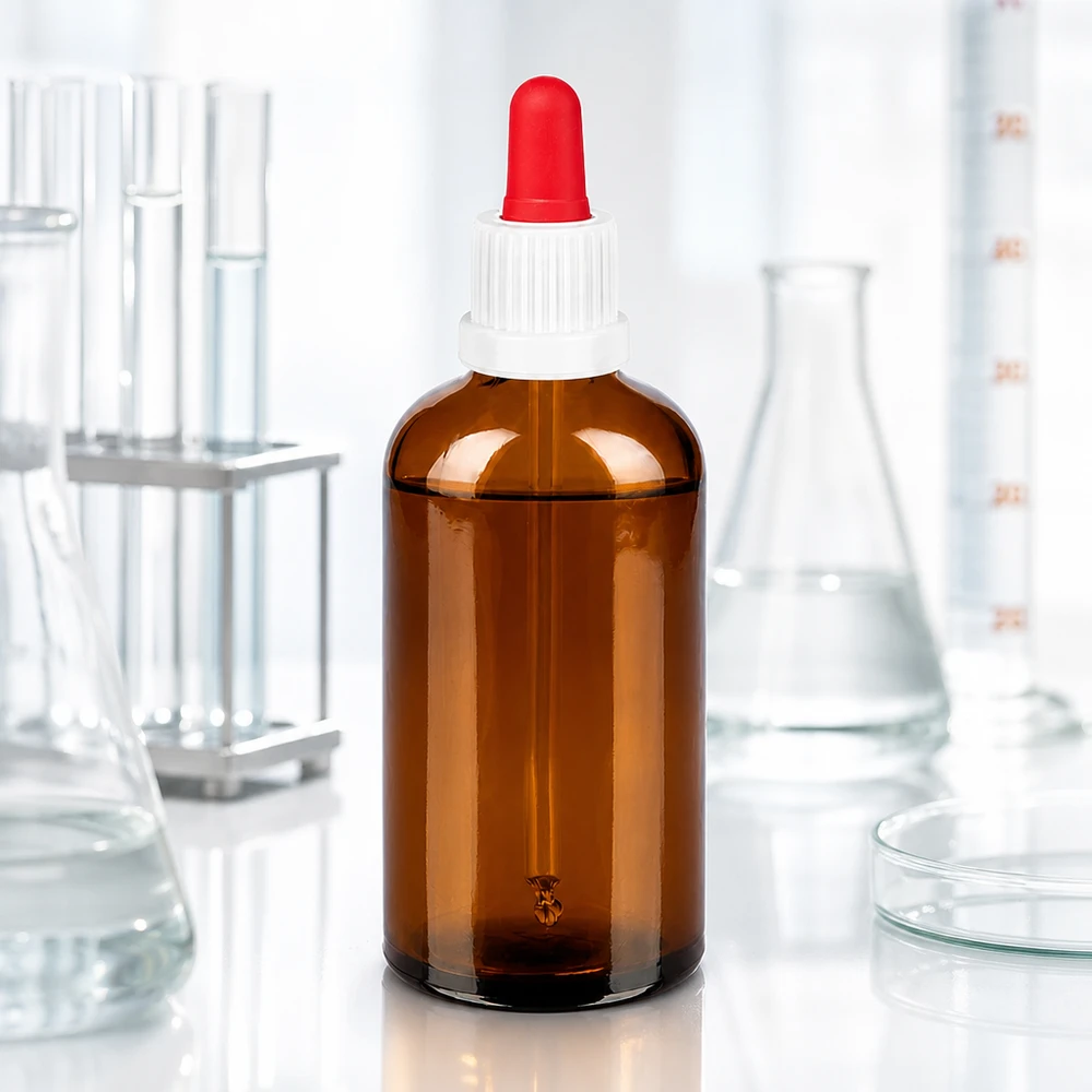 100 ml pipettflaska vit/röd med säkerhetsförslutning BrownLine UT18/100 Laboratorieutrustning: 100 ml pipettflaska med UT18-gänga för exakt vätskemätning