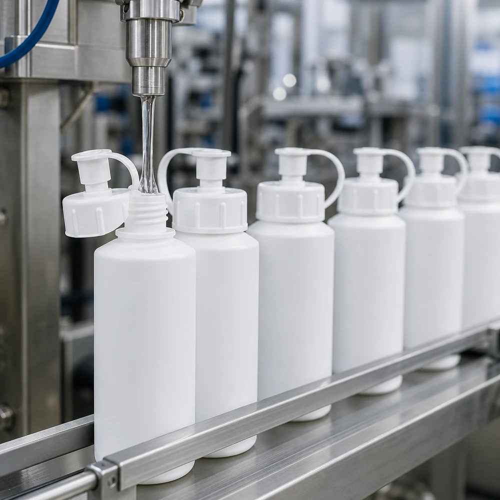 En automatisk fyllningsanläggning fyller vita 30 ml HDPE-apotekflaskor med sprutlock